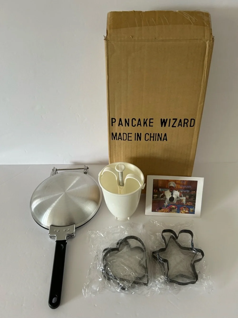 Vintage “Pancake Wizard” Set includes: Pan, Batter Dispenser, and 4 Metal Shapes